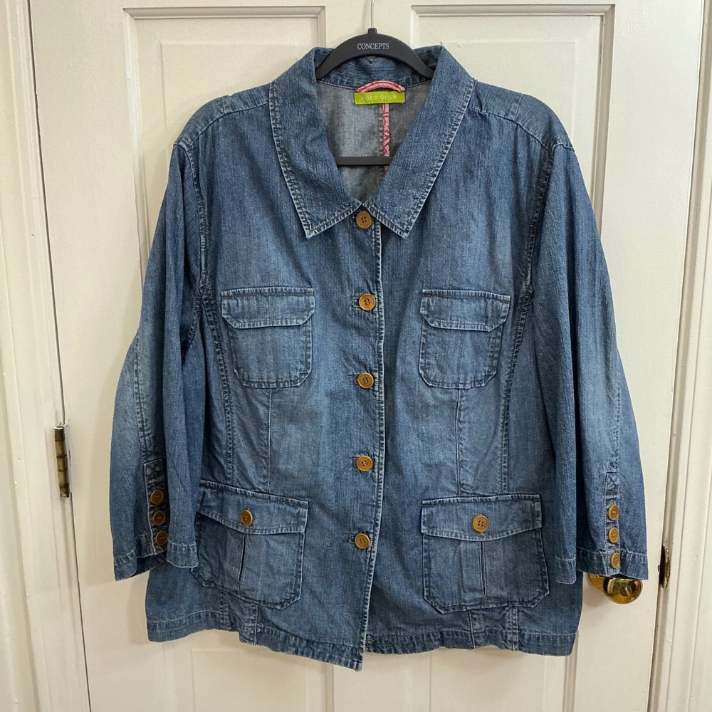 Sigrid Olsen Utility Denim Jacket XL Blue 100% Cotton Barn Chore Boho Coat Fall